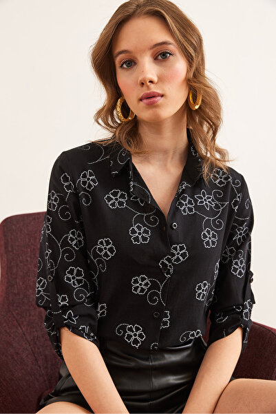 Olalook Kadın Sarmaşık Siyah Kol Katlamalı Keten Gömlek GML-19000825