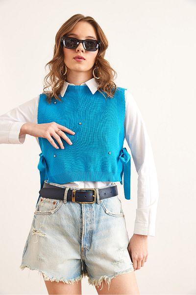 Olalook Women's Saks Blue Stone Detailed Side Tie Knitwear Sweater Svt- 00000047