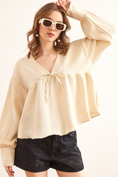 Olalook Women's Stone V-Neck Lace Detailed Blouse Blz- 19002860