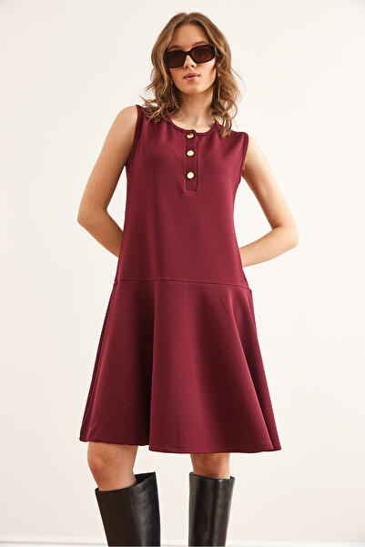Olalook Women's Burgundy Buttoned Skirt Detailed Crepe Dress Elb- 19002345
