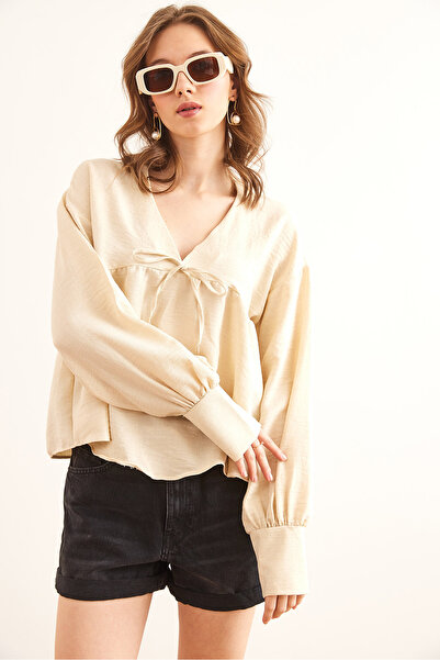 Olalook Women's Stone V-Neck Lace Detailed Blouse Blz- 19002860