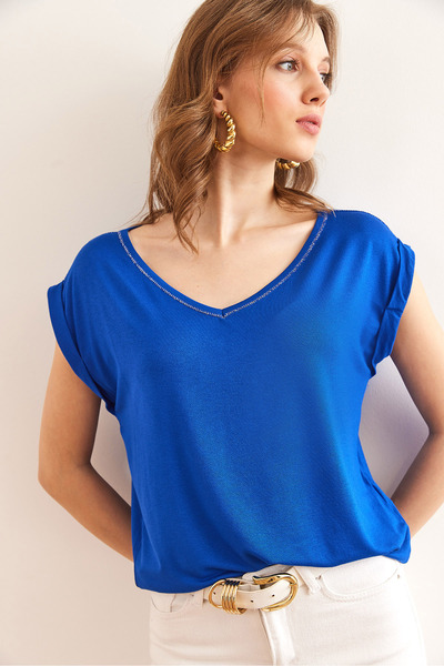 Olalook Women's Blue Silver Shoes V-Neck Knitted Viscose Blouse Blz- 19002659