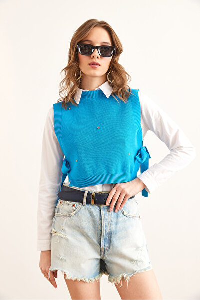 Olalook Women's Saks Blue Stone Detailed Side Tie Knitwear Sweater Svt- 00000047