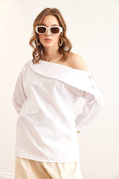 Olalook Γυναικεία υφαντή μπλούζα με λευκή λαιμόκοψη με λεπτομέρεια BLZ- 19002858