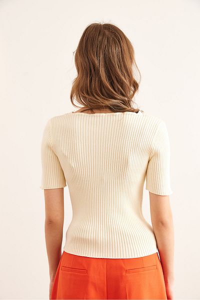 Olalook Women's Ecru V-Neck Stone Detailed Knitwear Blouse Blz-19002865