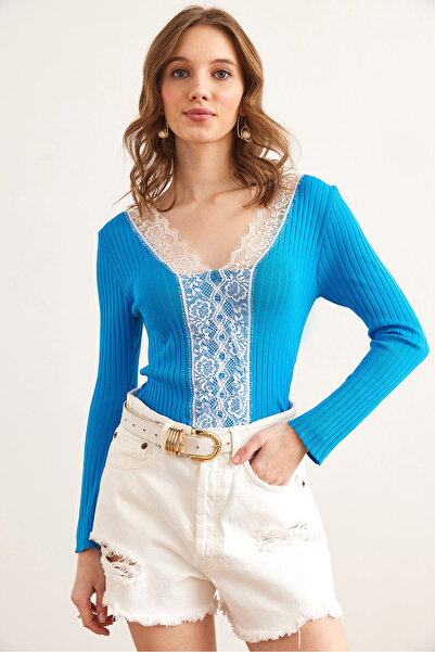 Olalook Синя мереживна трикотажна блузка на манжетах з ребристими деталями Жіночий одяг