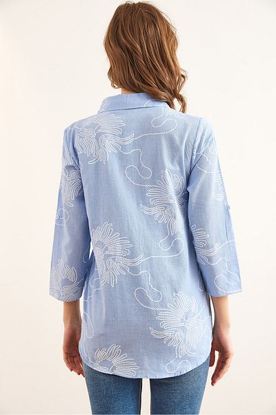 Olalook Damen Chain Baby Blue Sleeve Folded Linen Shirt GML- 19000825