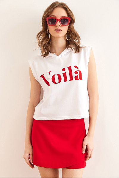 Olalook Weißes, unterarmteiliges, kapuzenloses Baumwoll-T-Shirt für Damen TSH- 19000843