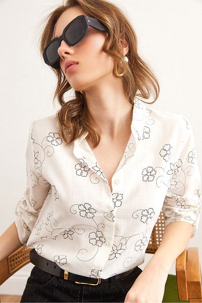 Olalook Γυναικείο λινό πουκάμισο Ivy White με διπλό μανίκι GML- 19000825