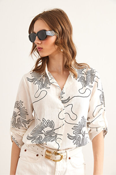 Olalook Women's Chain White Sleeve Fold Linen Shirt Gml- 19000825