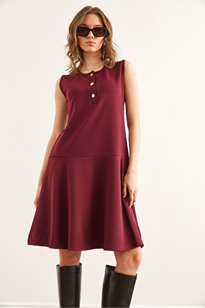 Olalook Women's Burgundy Buttoned Skirt Detailed Crepe Dress Elb- 19002345