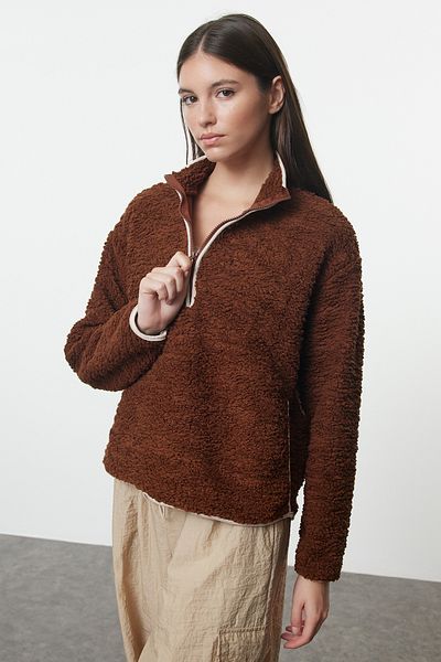 Trendyol Collection Sportovní mikina z hnědé plyšové látky - Thmaw23Sw00021