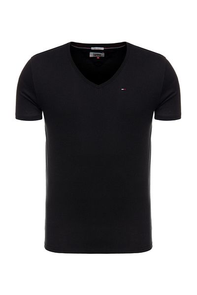 Tommy Jeans Tricou negru cu decolteu în V din jerseu original pentru bărbați DM0DM04410