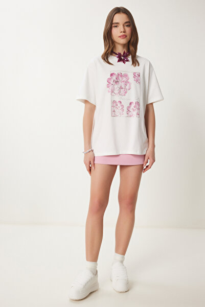 Happiness İstanbul Ecru bedrucktes Oversize-Strick-T-Shirt aus Baumwolle für Damen CR00456