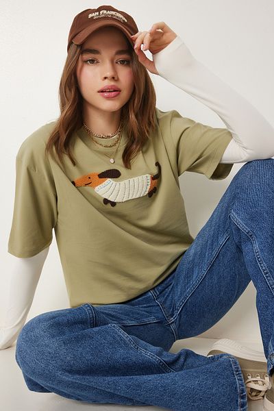 Happiness İstanbul Olivgrünes, besticktes Oversize-Strick-T-Shirt für Damen CR00457