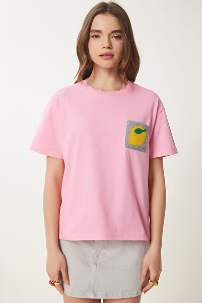 Happiness İstanbul Γυναικείο βαμβακερό μπλουζάκι με ροζ κέντημα CR00450