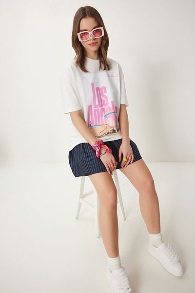 Happiness İstanbul Women's Ecru Printed Cotton Oversize Knitted T-Shirt Cr00446