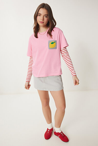 Happiness İstanbul Γυναικείο βαμβακερό μπλουζάκι με ροζ κέντημα CR00450