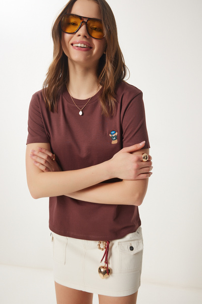 Happiness İstanbul Γυναικείο Μπλουζάκι Καφέ Αρκουδάκι Κεντημένο Βαμβακερό Πλεκτό CR00455