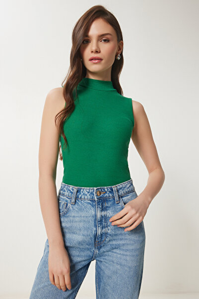 Happiness İstanbul Γυναικεία Βαμβακερή πλεκτή μπλούζα με πράσινο ζιβάγκο GT00004