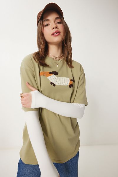 Happiness İstanbul Olivgrünes, besticktes Oversize-Strick-T-Shirt für Damen CR00457