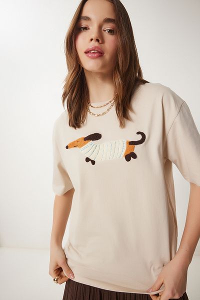 Happiness İstanbul Gülizmam Creme besticktes Baumwoll-Oversize-T-Shirt CR00457