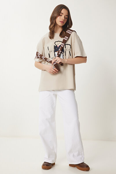 Happiness İstanbul Cremefarbenes Damen-T-Shirt mit Teddybär-Stickerei aus Baumwolle in Übergröße CR00452