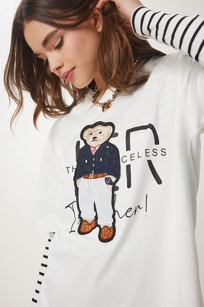 Happiness İstanbul Ecru Oversize-Strick-T-Shirt für Damen CR00452