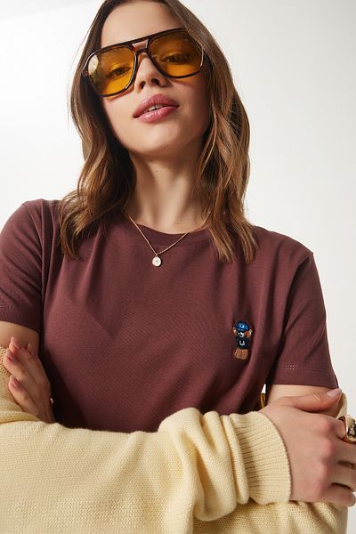 Happiness İstanbul Braunes Damen-T-Shirt aus Baumwolle mit Teddybär-Stickerei CR00455