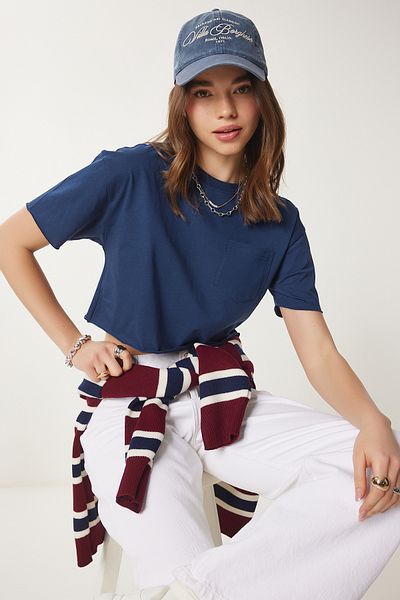 Happiness İstanbul Women's Navy Blue Cotton Crop Knitted T-Shirt Cr00443