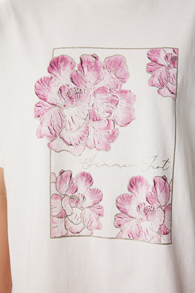 Happiness İstanbul Ecru bedrucktes Oversize-Strick-T-Shirt aus Baumwolle für Damen CR00456