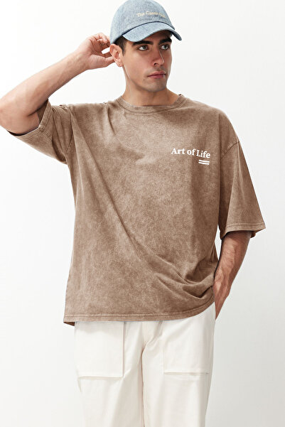 Trendyol Collection Καφέ Oversize/Φαρδιά κοπή Μπλουζάκι με ξεθωριασμένο εφέ 100% βαμβάκι TMNSS23TS00166