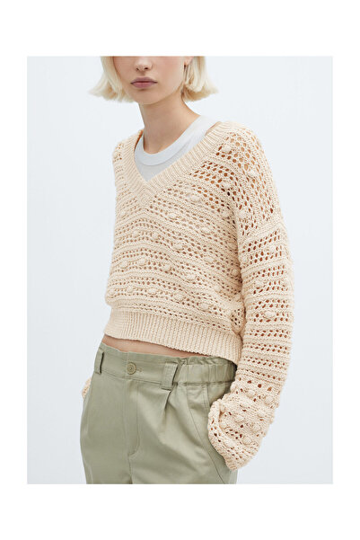 MANGO Woman V-neck openwork knitted sweater