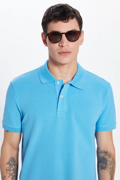 Tudors Tricou pentru bărbați, slim fit, 100% bumbac, albastru, cu gât polo