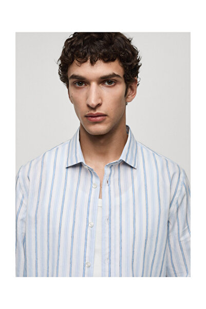 MANGO Man Bavlneno-ľanová rustikálna pruhovaná košeľa klasického strihu