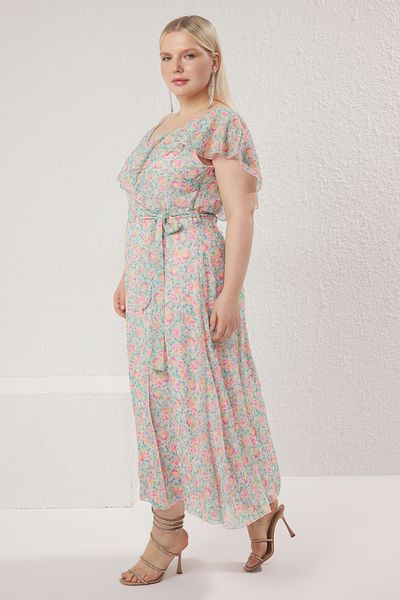 Trendyol Curve Multicolor Floral Chiffon Ruffle Midi Woven Plus Size Dress Tbbss25Ah00162