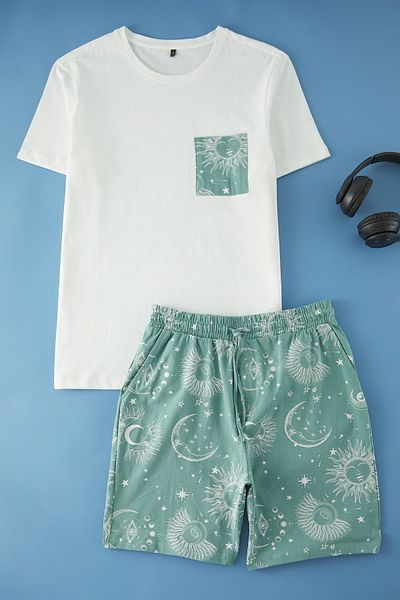 Trendyol Collection Ecru Green Potištěné Regular Fit Pletené šortky Pyžamo Set TMNSS24PT00018