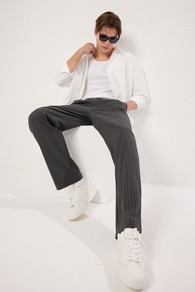 Trendyol Collection Anthracite Striped Pleated Classic Baggy Fit Fabric Pants Tmnss24Pl00024