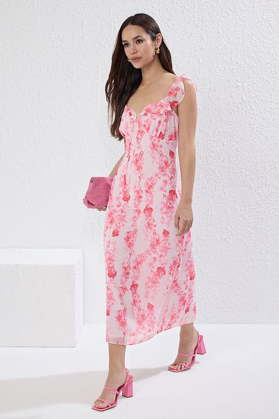 Trendyol Collection Ροζ φλοράλ σιφόν με βολάν Flight Flight υφαντό μίντι φόρεμα TWOSS25EL00568