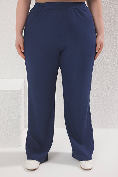 Trendyol Curve Plus Size Navy Blue V-Neck Textured Suit - Tbbss25Cp00020