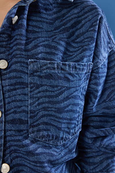 Trendyol Collection Dark Blue Animal Zebra Print Denim Shirt Jacket Twoss25Ce00046