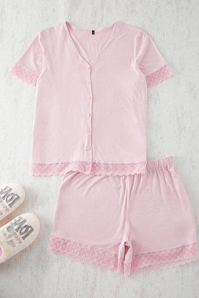 Trendyol Curve V-Ausschnitt Dusty Rose Spitzen-Pyjama-Set aus Viskose – TBBSS25AI00065
