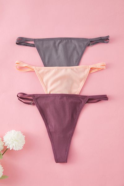 Trendyol Collection Grau-Lachs-Pflaume 3er-Pack Herz-Accessoire Detailliertes geripptes Tanga-Strickhöschen THMSS25KU00002
