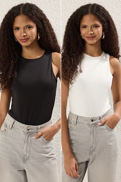 Trendyol Collection Black-White 2-Piece Black-White Pack Fitted Crew Neck Face Collar Bottom Snap Knitted Body