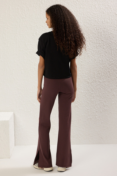 Trendyol Collection Brown Side Slit Flare/Spanish Leg High Waist Knitted Trousers Twoss23Pl00134