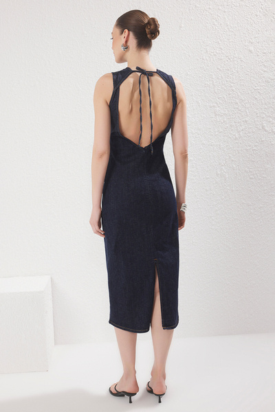 Trendyol Collection Dark Blue Midi Denim Dress with Low Back and Slit Detail Twoss25El00598