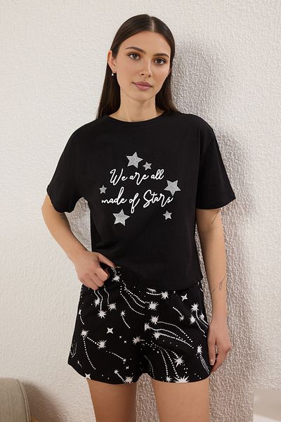 Trendyol Collection Black 100% Cotton Star Pattern Shorts Knitted Pajamas Set Thmss25Pt00393