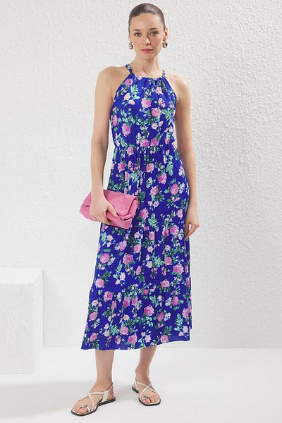 Trendyol Collection Rochie tricotată maxi în formă de A cu imprimeu albastru TWOSS23EL00705
