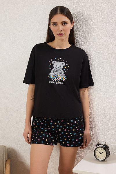Trendyol Collection Black-Multicolored 100% Cotton Teddy Bear and Star Printed Knitted Pajama Set with Shorts