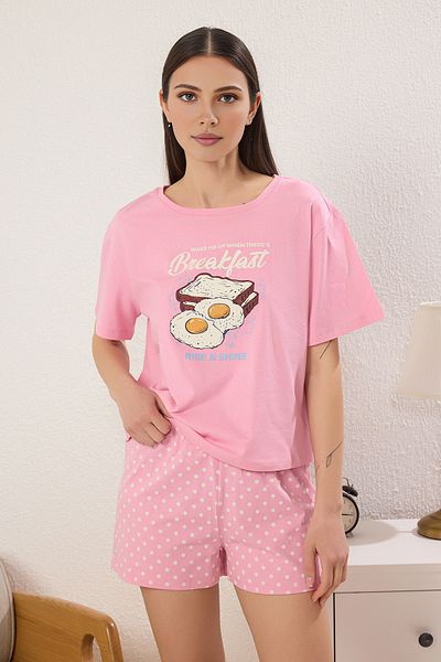 Trendyol Collection Pink Cotton Leisure Printed Knitted Pajamas Set with Shorts Thmss25Pt00361